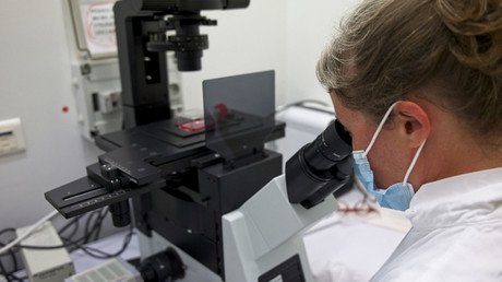Un chercheur examine des cellules au microscope dans un laboratoire de l'Université de Tours, dans le centre de la France, le 9 septembre 2021 (image d'illustration).