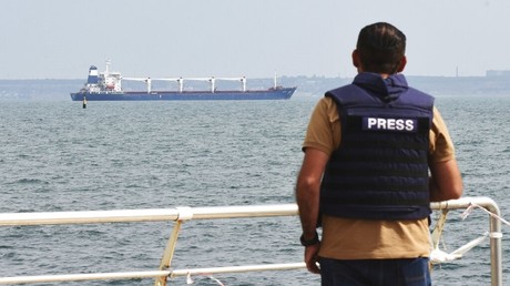 Un journaliste regarde le navire Razoni transportant des céréales ukrainiennes quitter le port d'Odessa, le 1er août 2022 (image d'illustration).