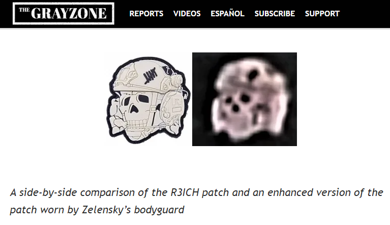 Une comparaison de The Grayzone avec la décalcomanie réalisée par R3ICH (à gauche) et une version améliorée de la décalcomanie du garde du corps de Volodymyr Zelensky (à droite).