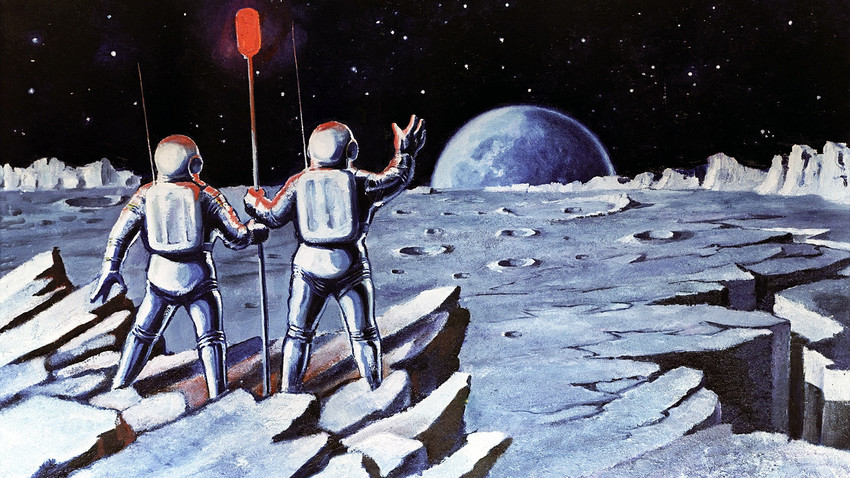 Pintura “Humanos na lua”, do cosmonauta e artista Aleksêi Leônov./ 