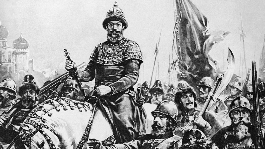 Portrait of Ivan the Terrible with Soldiers (Original Caption) Ivan the Terrible (1530-1584). He first introduced into Russia the principle of a regular army.