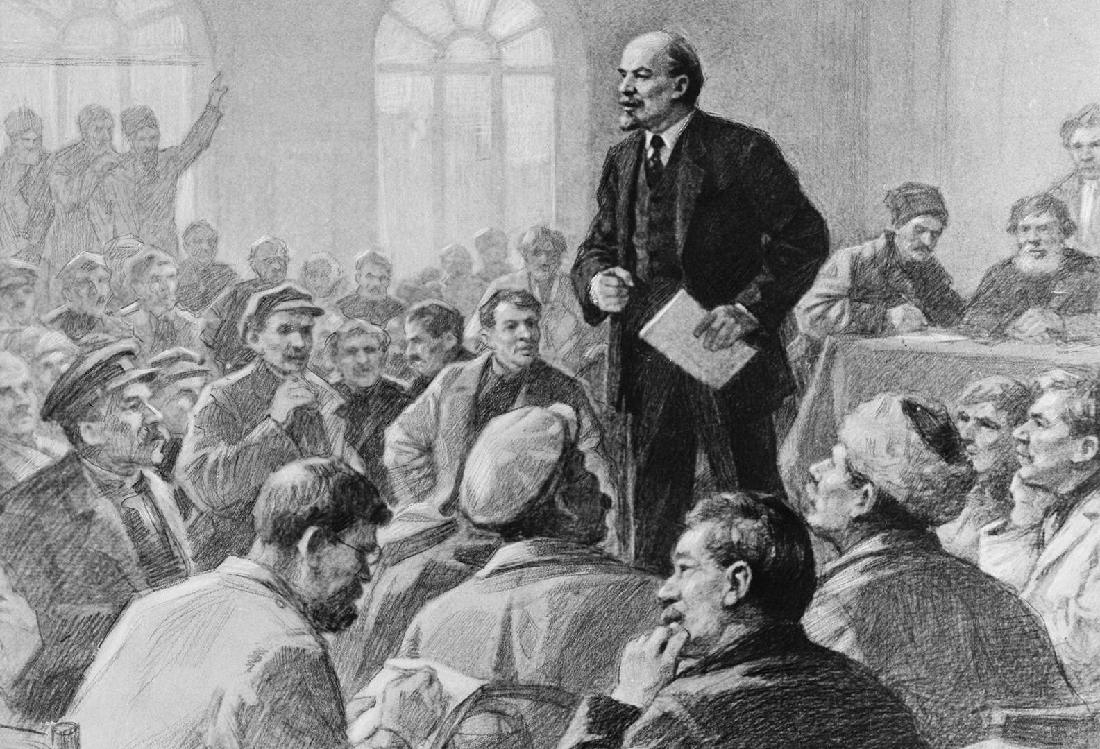 Vladimir Lenin gives a speech at a meeting.