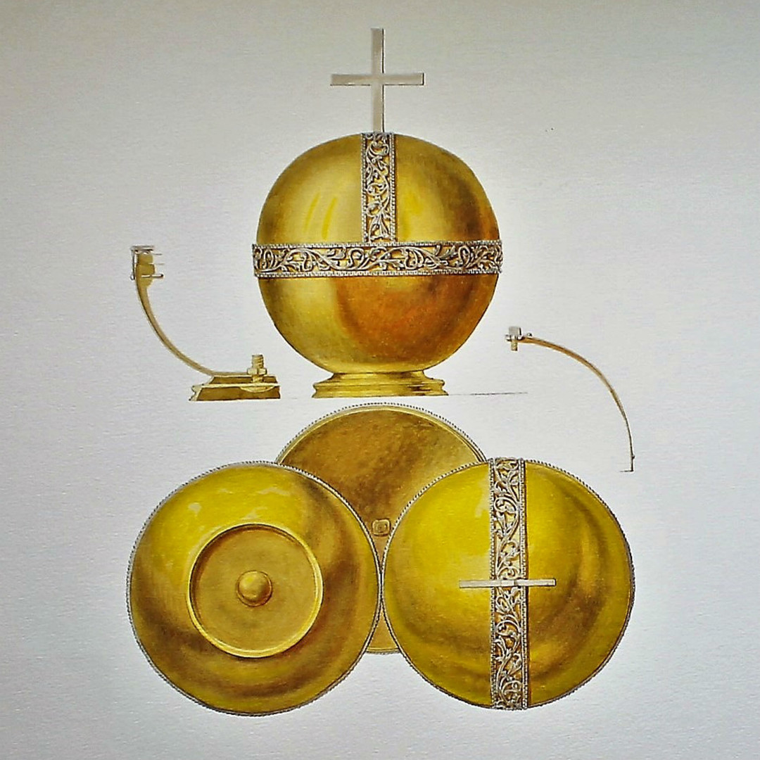 Orbe de l’Empereur Pierre II (1727). L’orbe d’or en forme de sphère surmontée d’une croix se distingue par sa petite taille et son poids réduit. L’aspect miniature de cet insigne s’explique par le fait qu’elle était destinée au jeune monarque Pierre II.