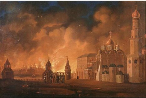 Po ukazu generala Kutuzova je ruska vojska pred taktičnim umikom iz Moskve zažgala mesto in vsa skladišča hrane, da sovražnikova vojska ne bi mogla napolniti svojih zalog.