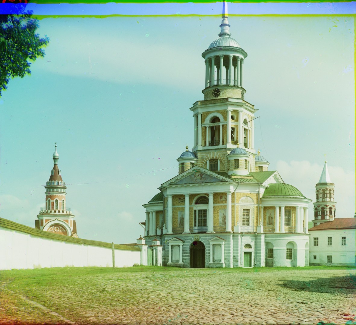 Monastery of Sts. Boris & Gleb. Bell tower & Church of the Miraculous Image of the Savior over Holy Gate, northwest view. Left: 