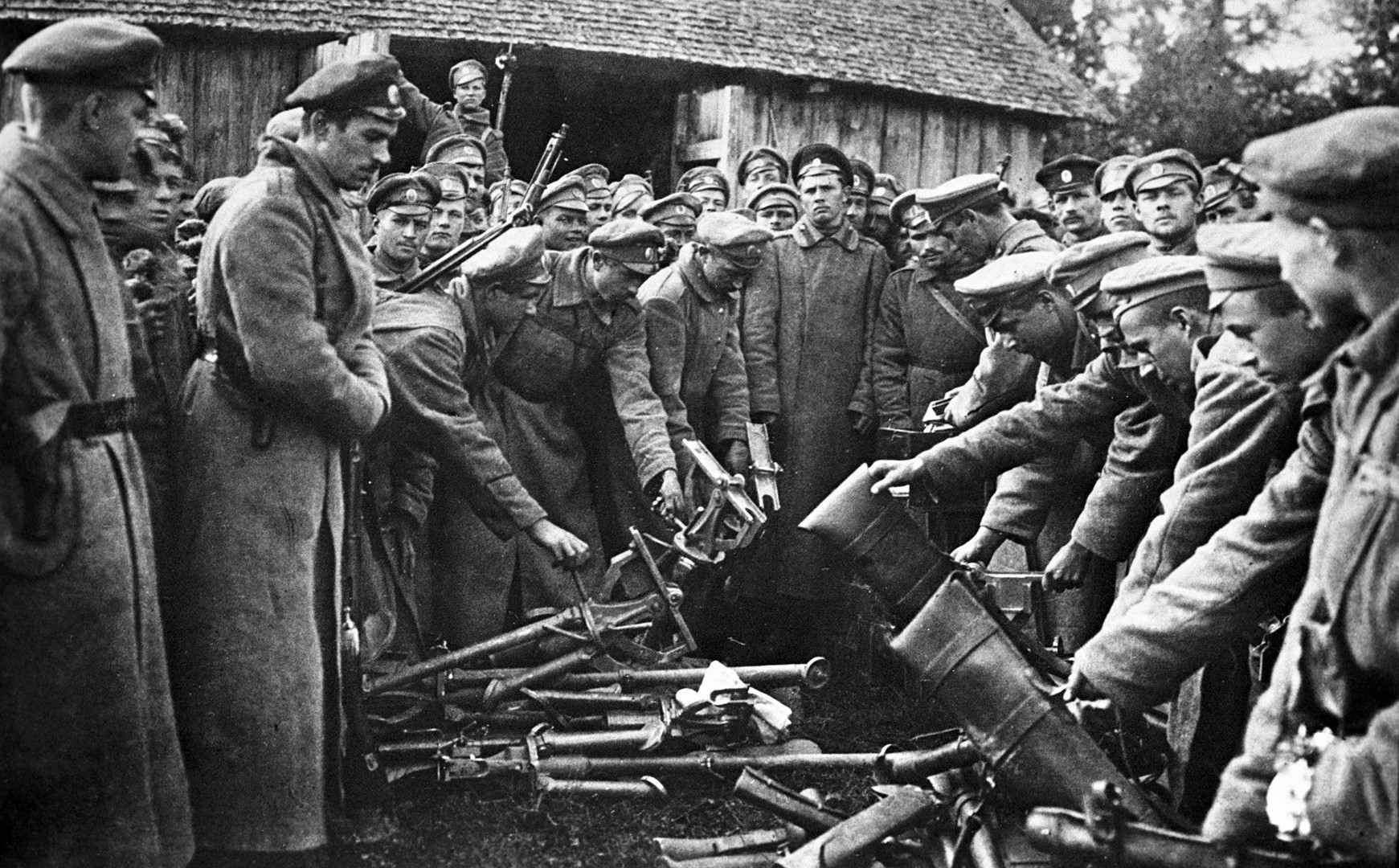 General Kornilov's army soldiers are surrendering their weapons.