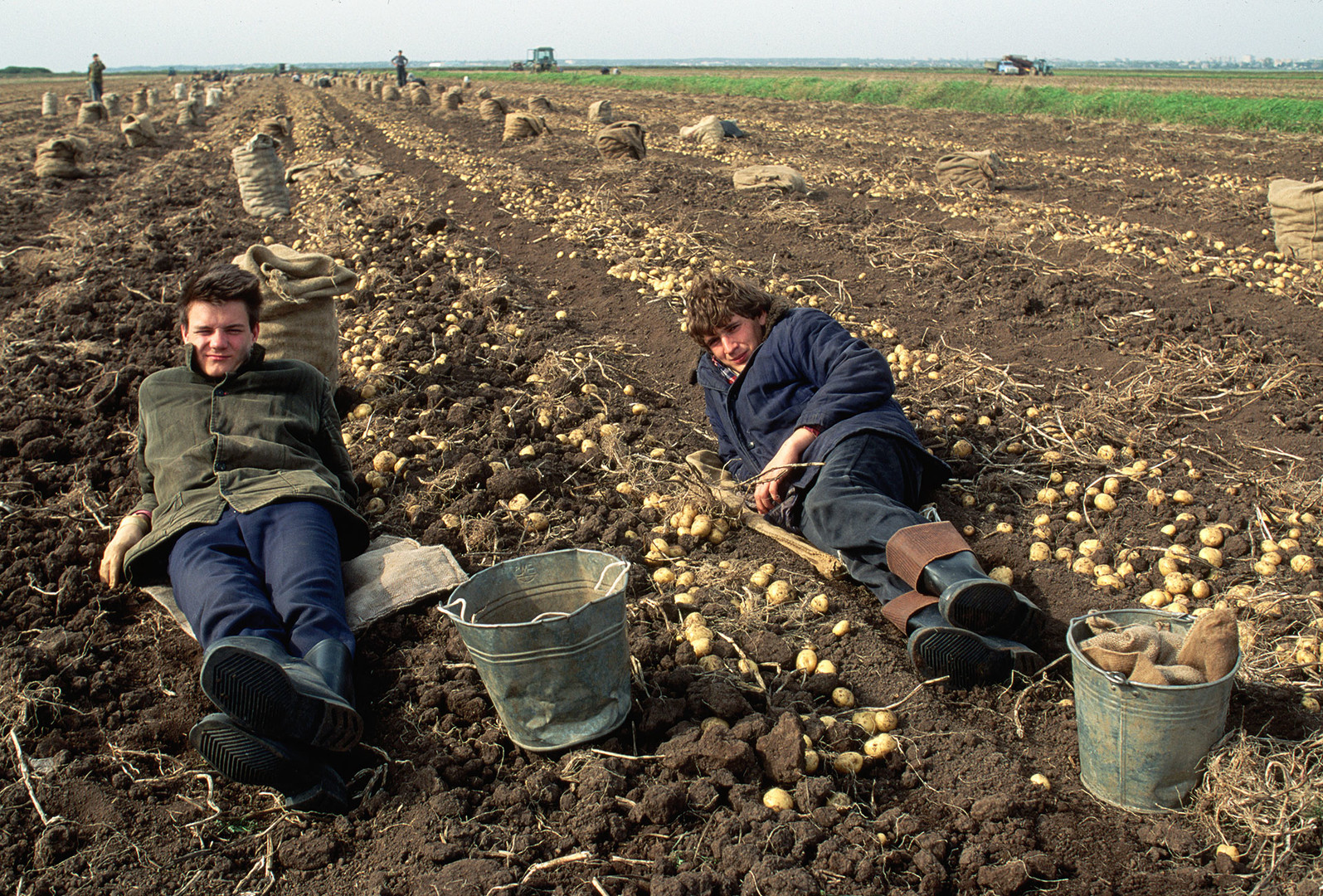 Potato harvesters resting on a collective farm.