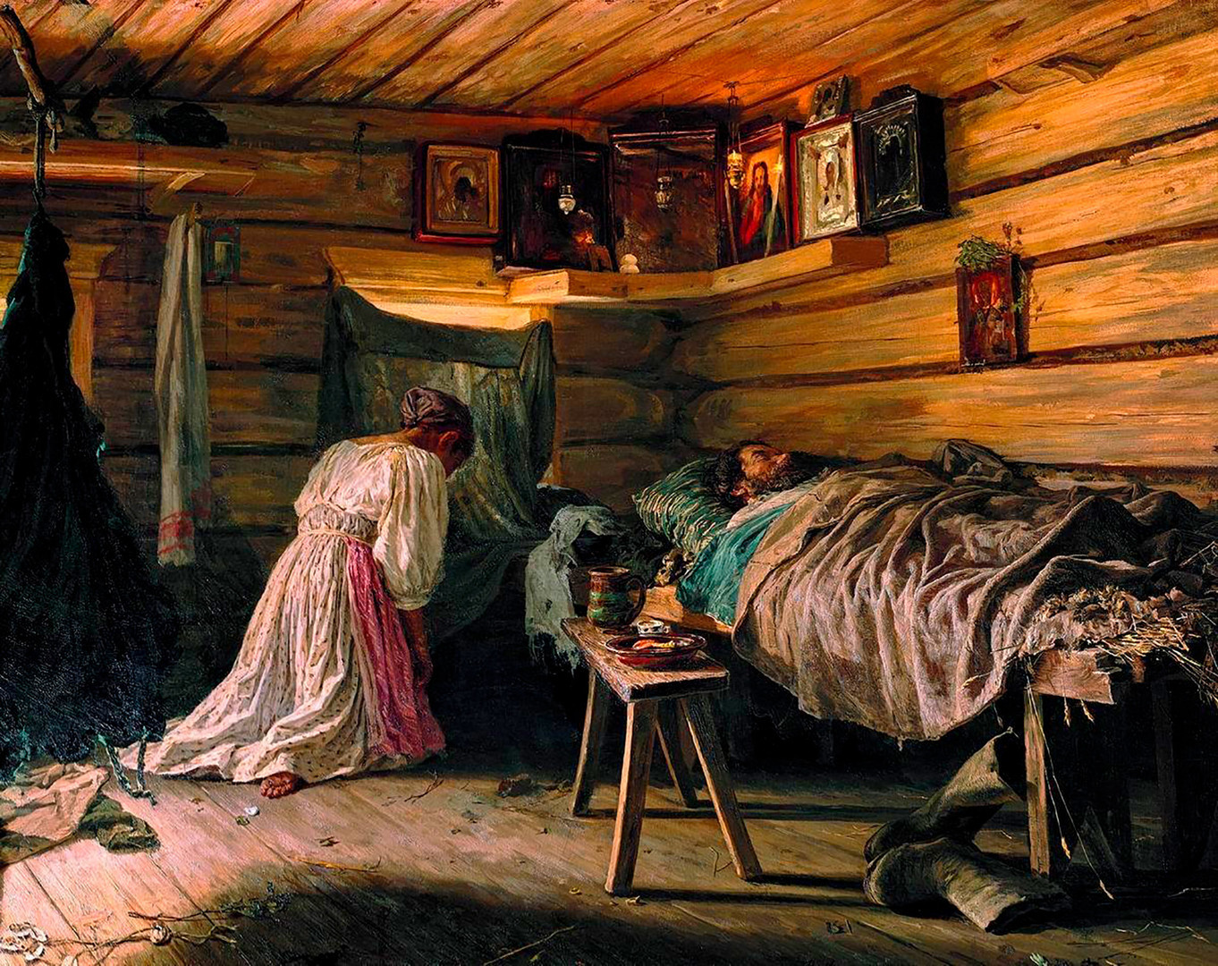 「病気の夫」、ワシーリー・マクシモフ画、1881年