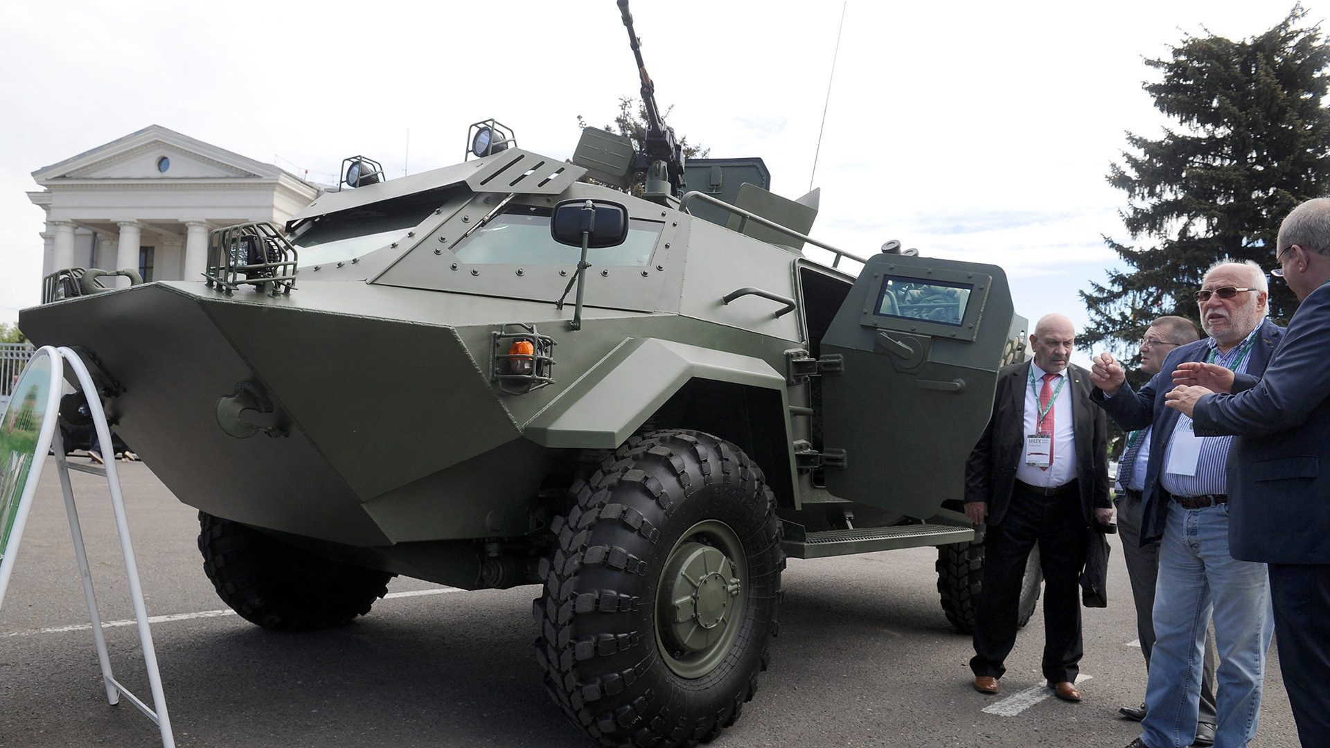 An armoured vehicle on display at Milex 2017, the 8th International Exhibition of Arms and Military Machinery.