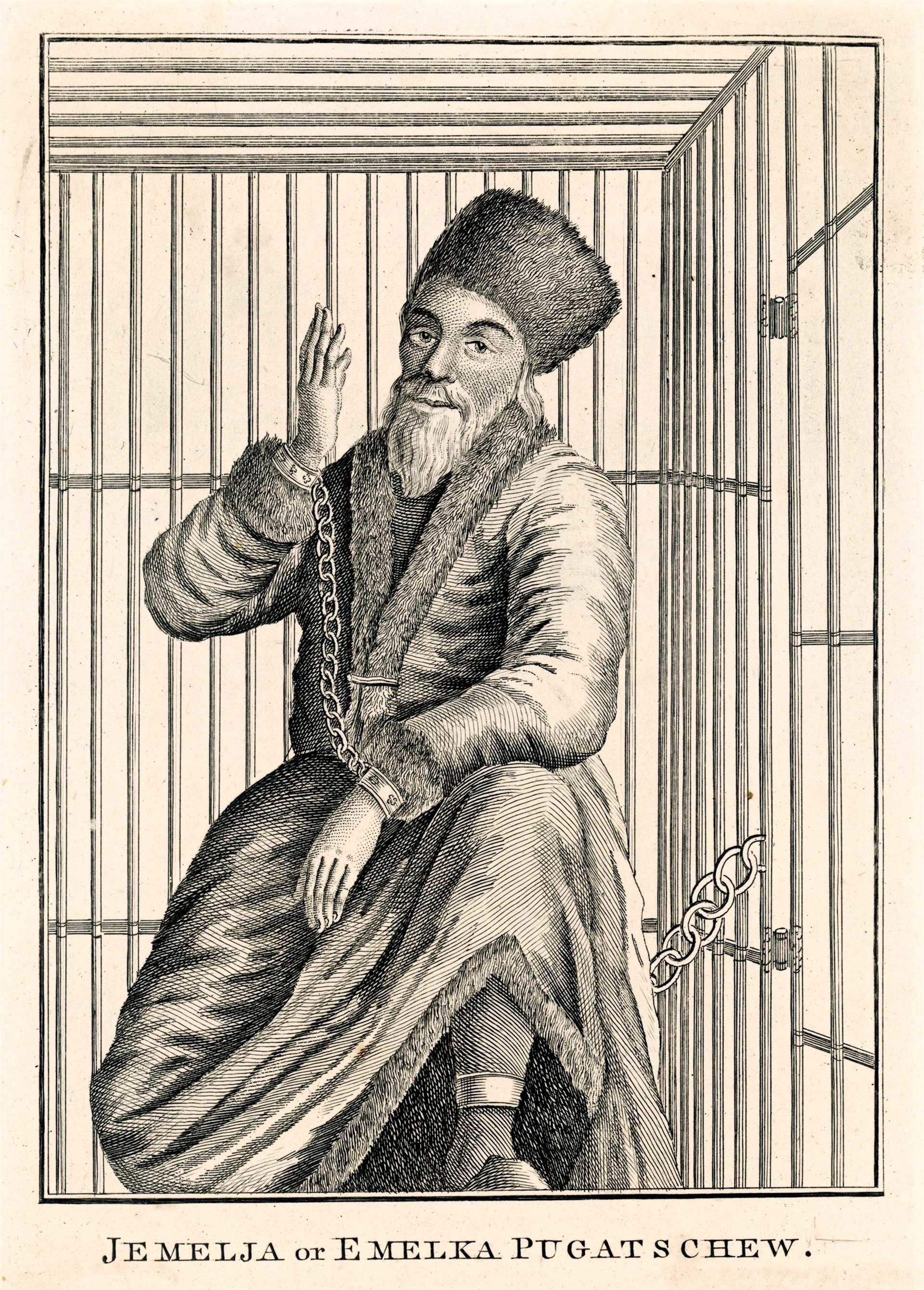 Pugachev was brought to Moscow in a wooden cage. Engraving by an unnamed artist in Caulfield's Wonderful Characters.