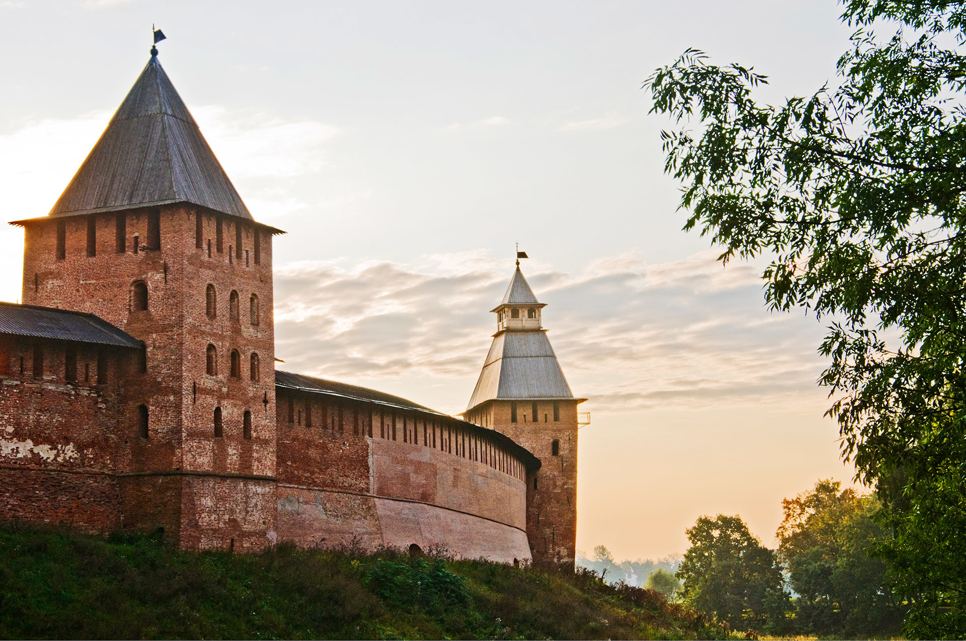 Walls and tower of the Kremlin, which was rebuilt with bricks during the 14th century. Veliky Novgorod, Russia.