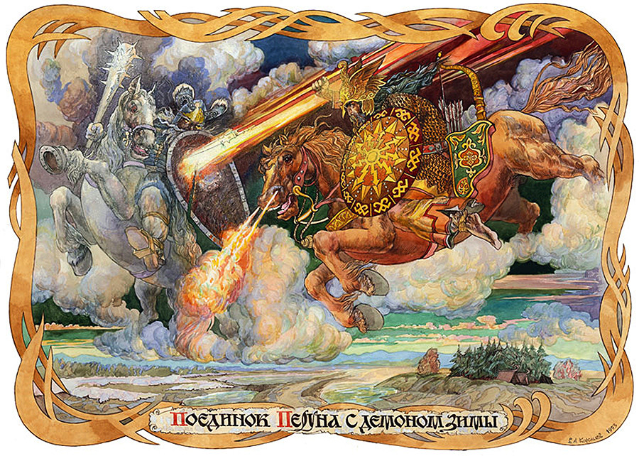 Perun dalam Lukisan Pertarungan Perun Melawan Iblis Musim Dingin karya Viktor Anatolevich Korolkov. Cat minyak pada kanvas.