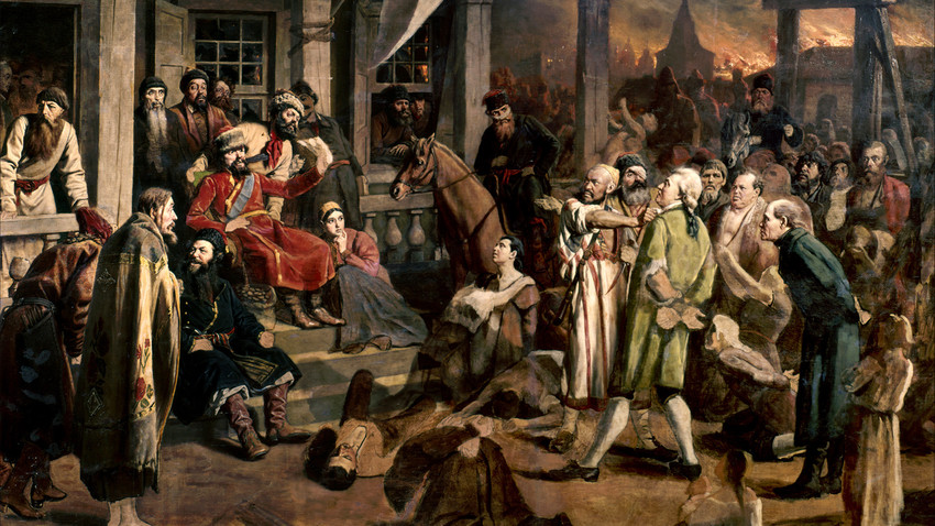 "Il giudizio di Pugachev", Vasilij Perov, 1878, Museo statale di Storia di Mosca