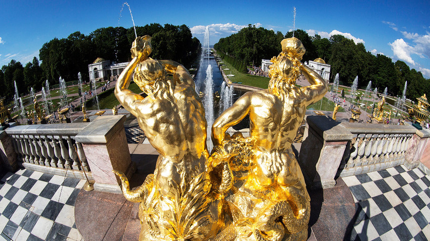 Golden statues and fountains in Peterhof Park Petrodvorets, St. Petersburg