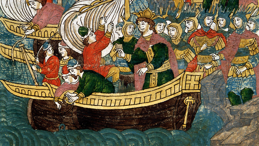 The first Russian fleet. Miniature from the Russian manuscript of the XVI century. The Illuminated Chronicles of Ivan the Terrible (Litsevoi svod). State Historical Museum, Moscow.