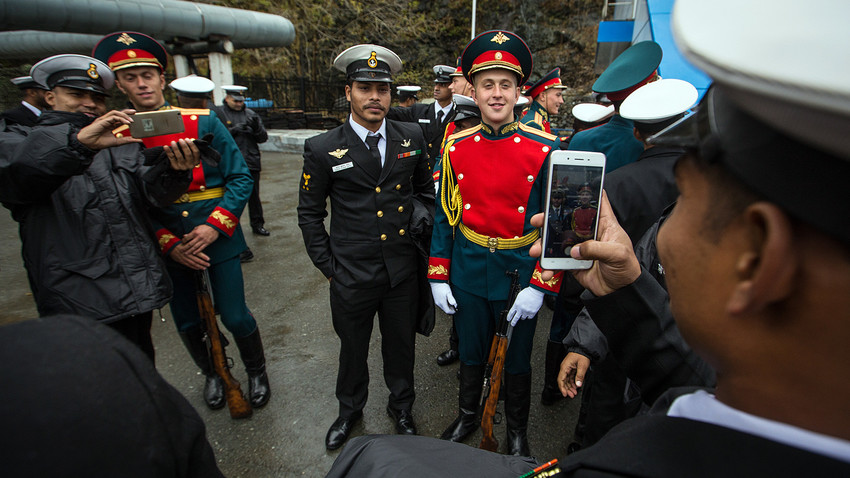 Servicemen pose at a ceremony to start Indra 2017, Vladivostok.    