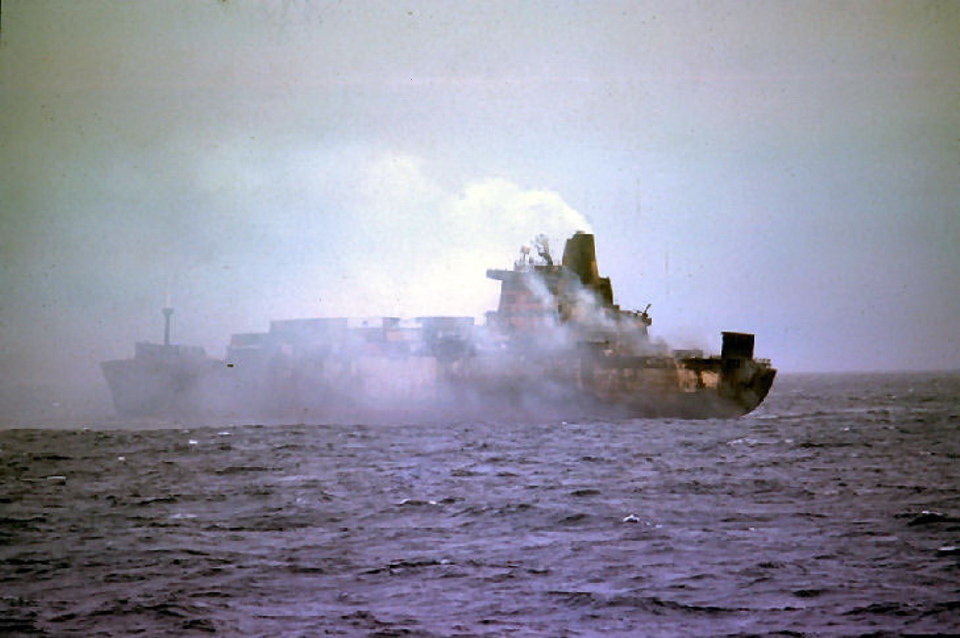 The Atlantic Conveyor after being hit by missiles.