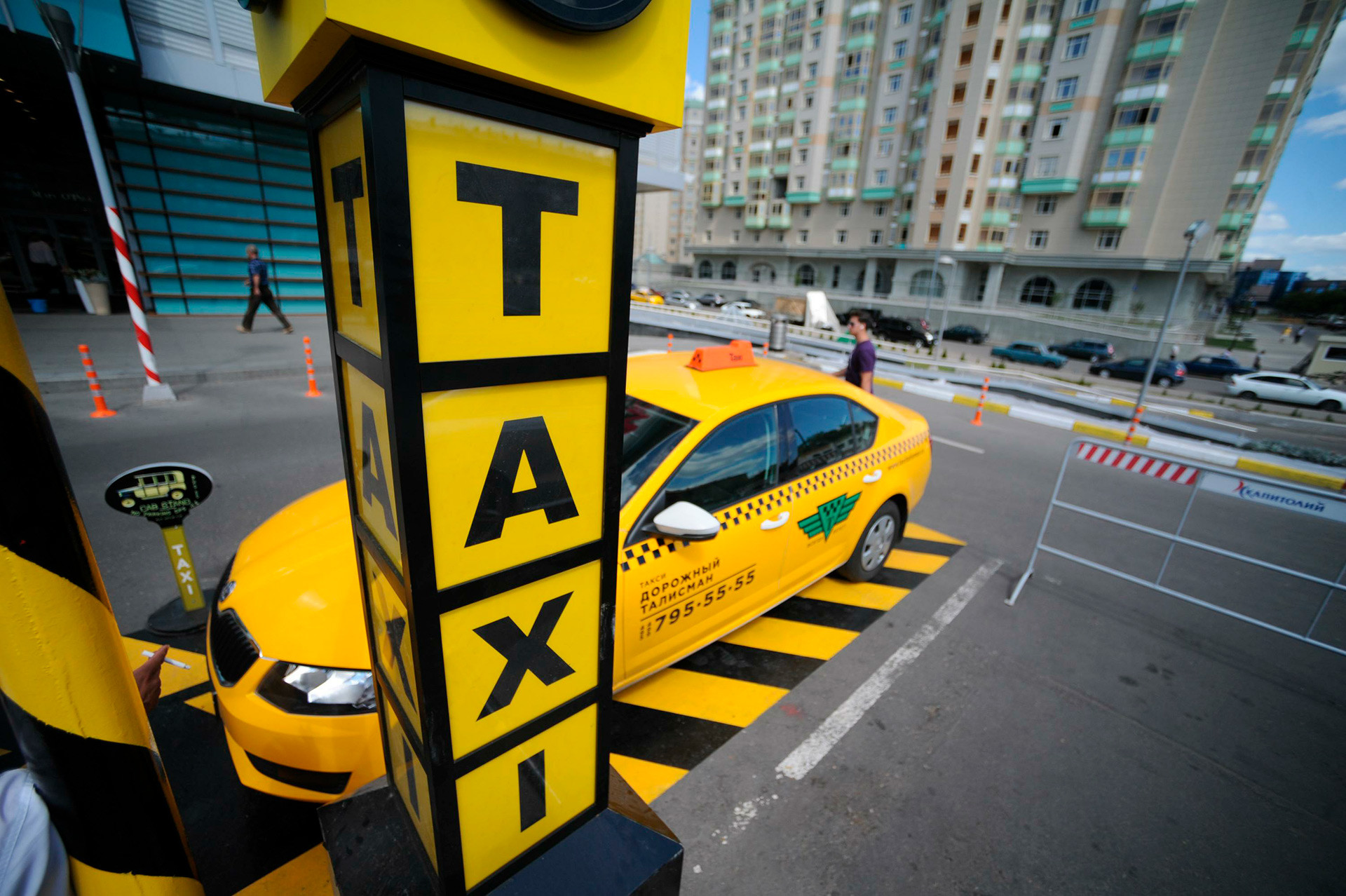 A taxi cab parking in Moscow.