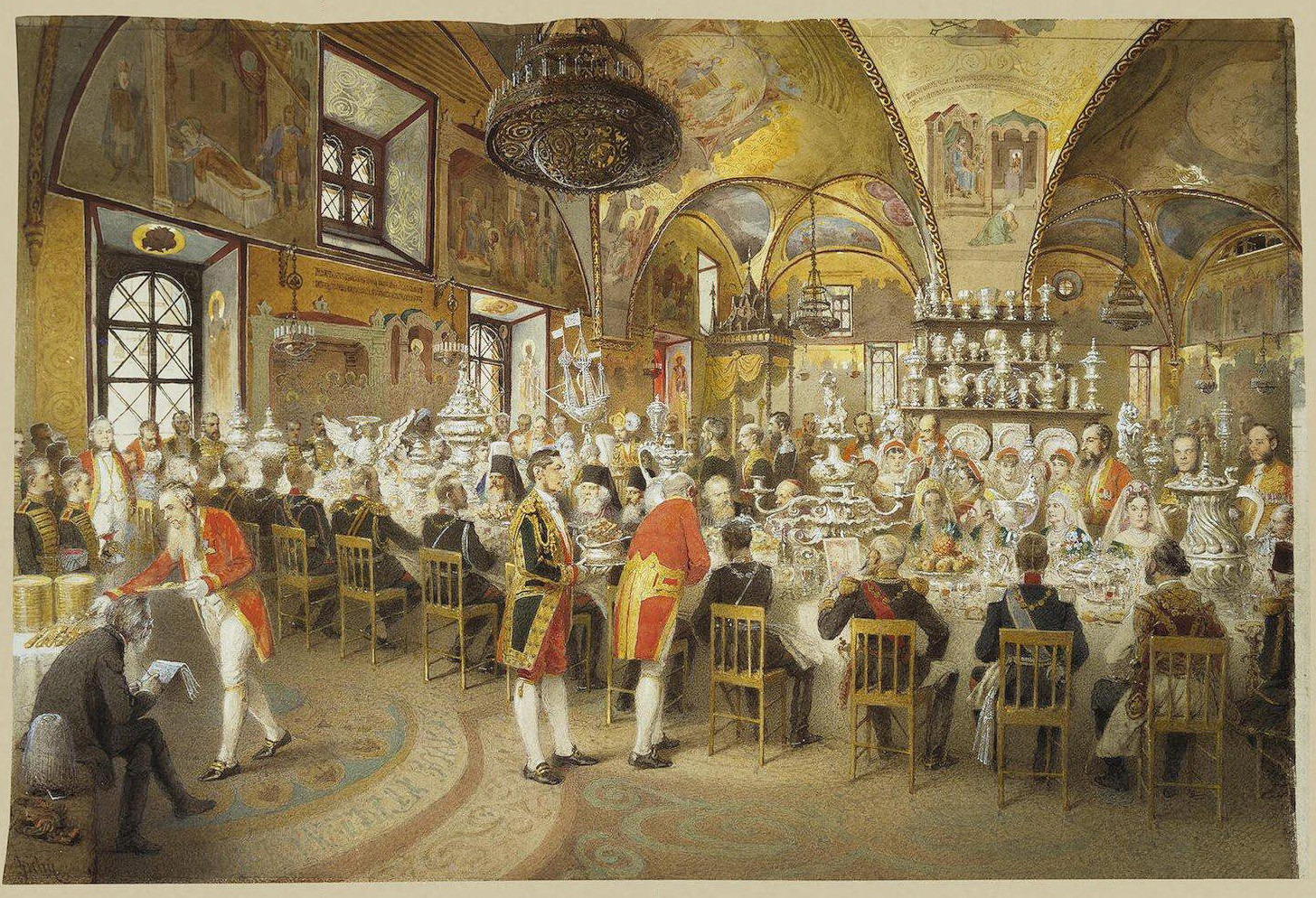 Mihály Zichy. The gala dinner in the Concert hall of the Winter Palace, 1873. 