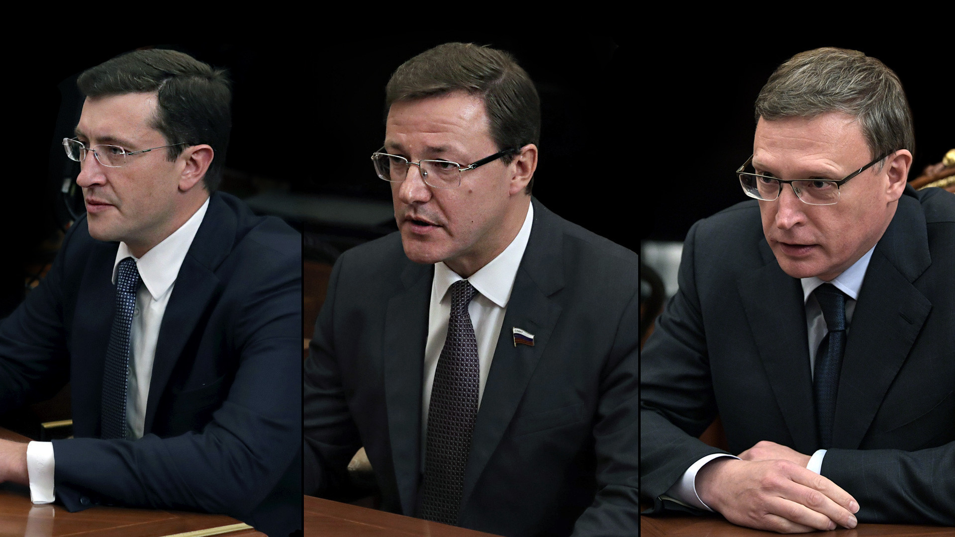 Gleb Nikitin, Dmitry Azarov, Alexander Burkov (dari kiri ke kanan) - tiga gubernur sementara yang ditunjuk Vladimir Putin.