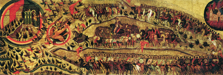„Благословено царство Небескога Цара“. Руска икона око 1550-1560. Ова икона се по традицији третира као алегоријски приказ опсаде Казања од стране трупа Ивана IV.