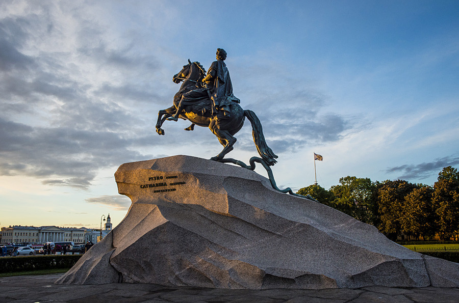 The statue of Peter the Great in Saint Petersburg at sunset.