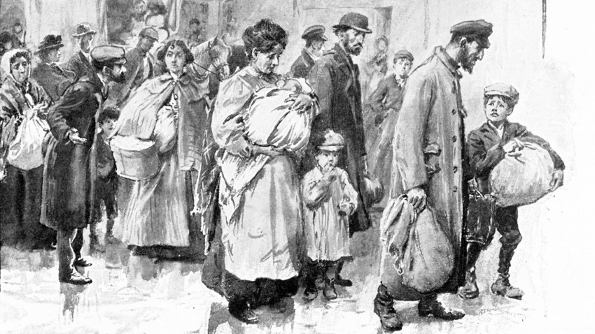 A drawing of deported Jewish people in the beginning of the 20th century. 