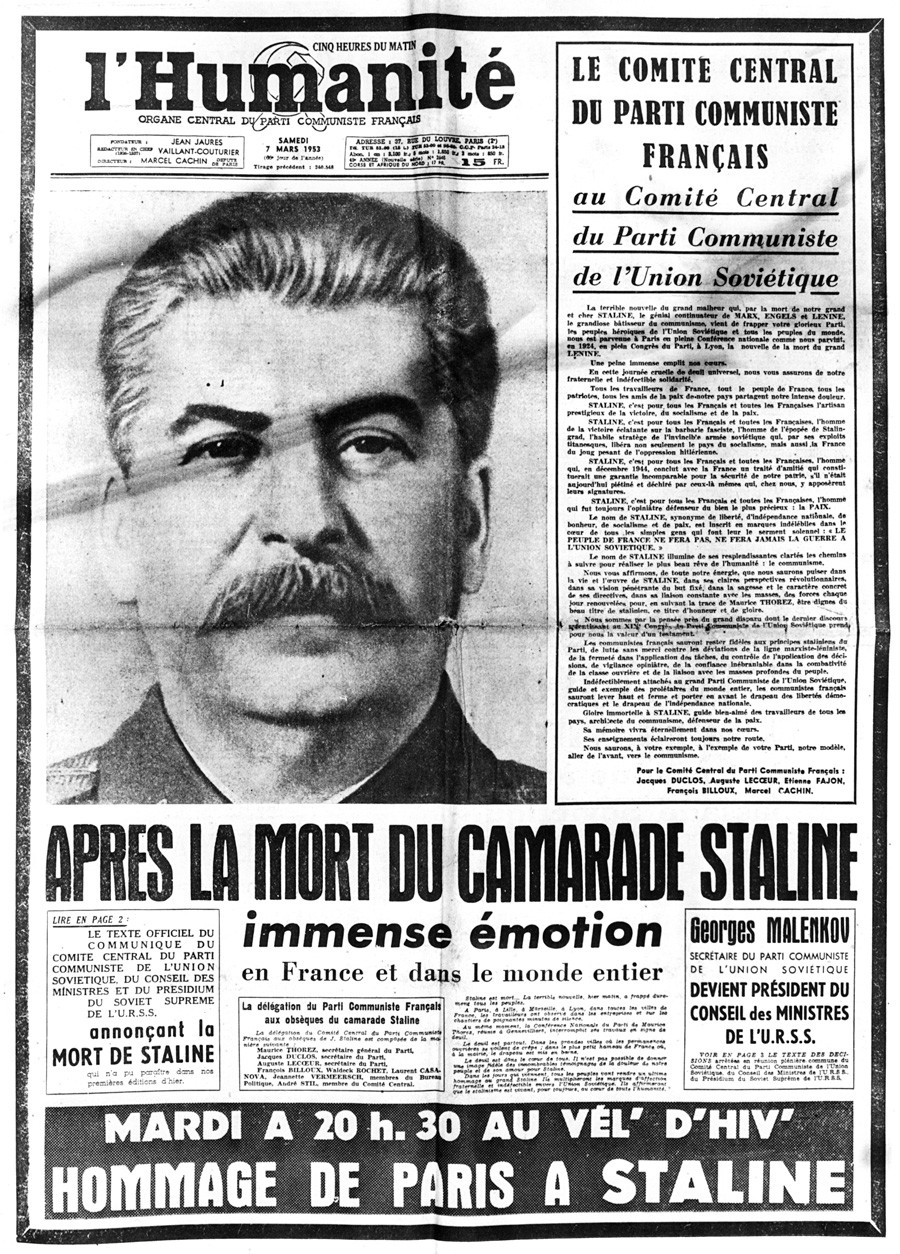 Naslovna stran 'l'Humanite', Pariz, 7. marec 1953. Poročanje o smrti Josipa Stalina (1879-1953). 