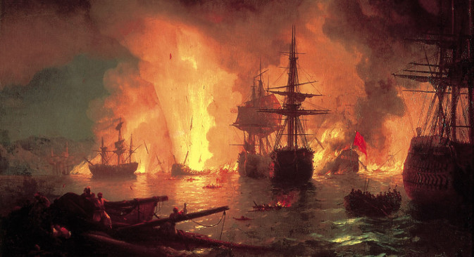 Иван Ајвазовски: Чесменска битка (1848). Ајвазовски је на овом платну представио једну од главних битака Прве архипелашке експедиције (1769-74).