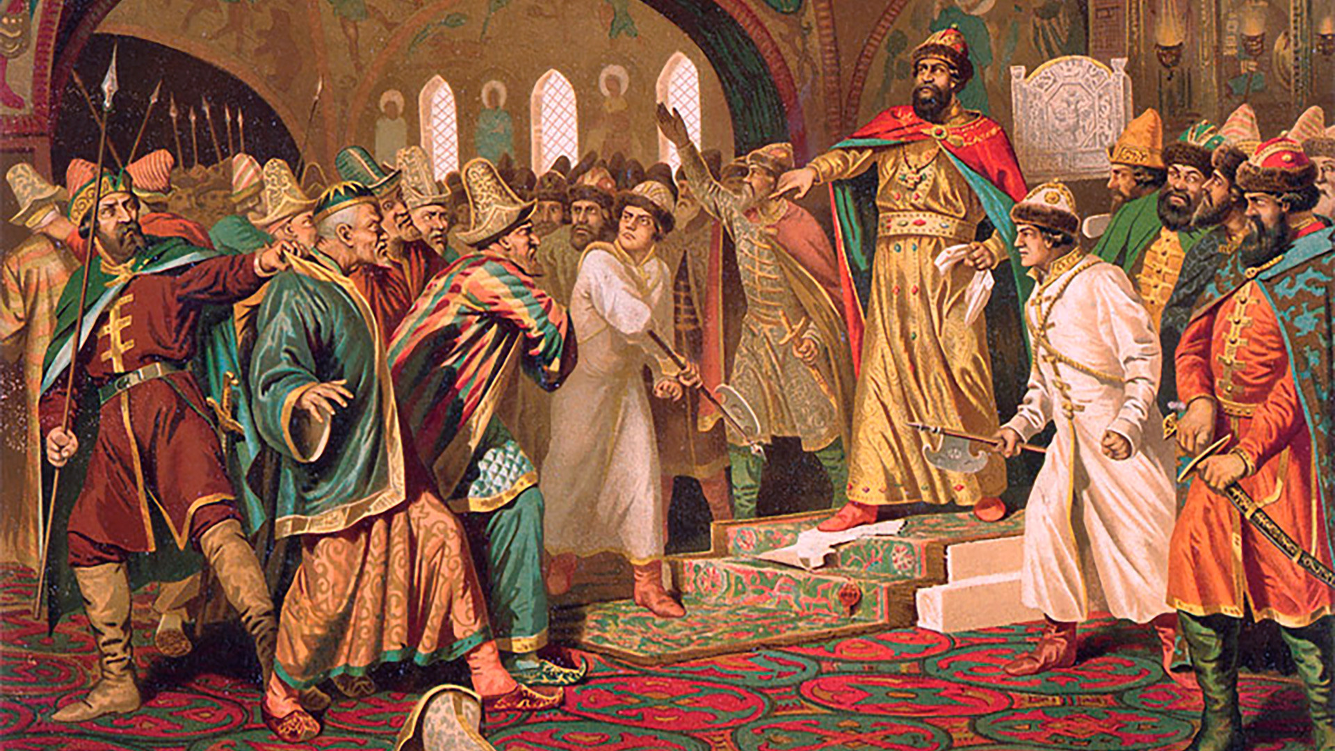 Ivan III tearing the khan's letter to pieces by Aleksey Kivshenko. According to the legend, Ivan tore apart the letter from Akhmat in which he asked for the tribute