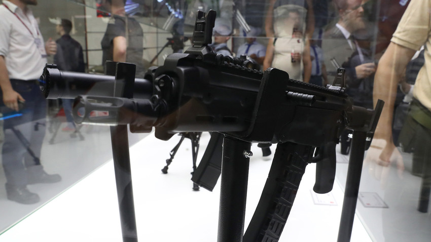 AM-17, a light assault rifle developed by the Kalashnikov group, on display at the Army-2017 International Military-Technical Forum held in the Patriot Expocentre.