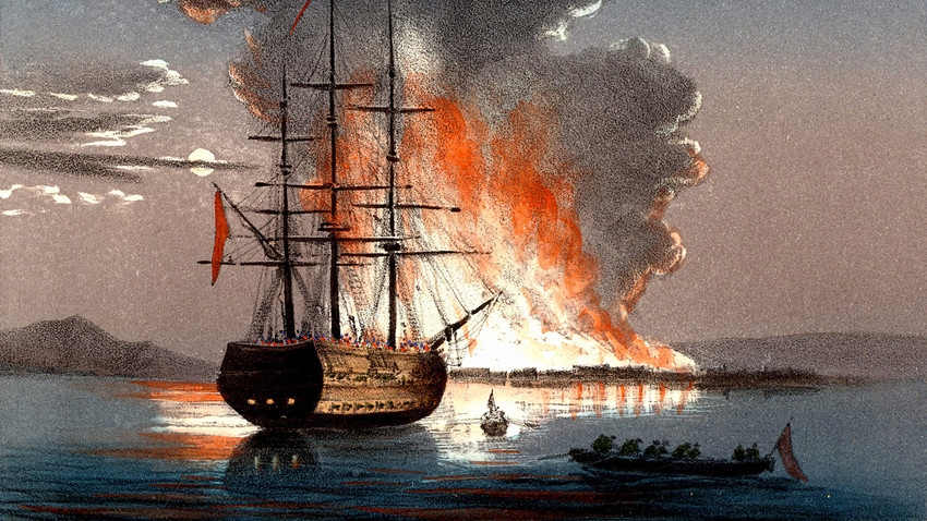 Burning of the redout at Kale (Canakkale) at the mouth of the Dardanelles (the Hellespont) during the Crimean war. Hand-coloured lithograph published in Italy 1857.