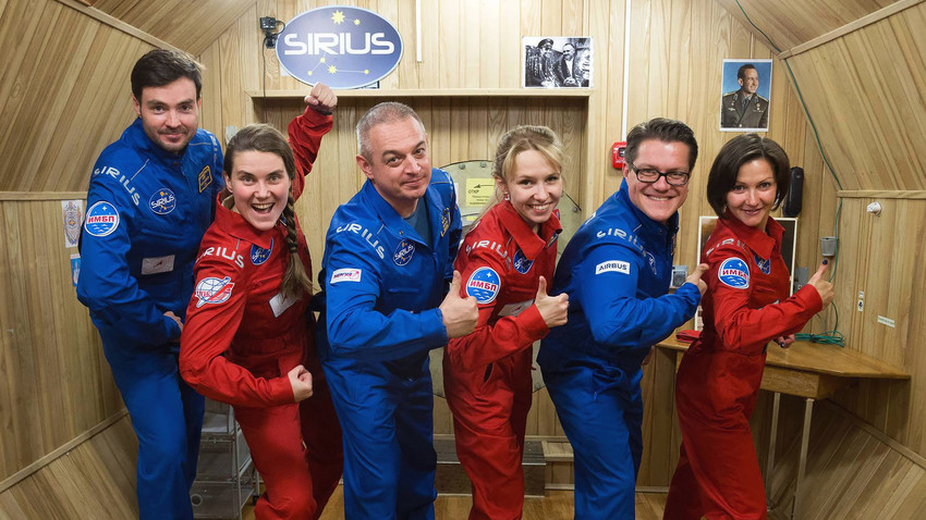 Space travel and isolation experiment participants left to right: Ilya Rukavishnikov, Anna Kikina, Mark Serov, Natalia Lysova, Viktor Fetter, Elena Luchitskaya