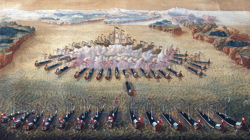 Batalla de Gangut, obra de Mauritius Baquoi, 1724—1727.