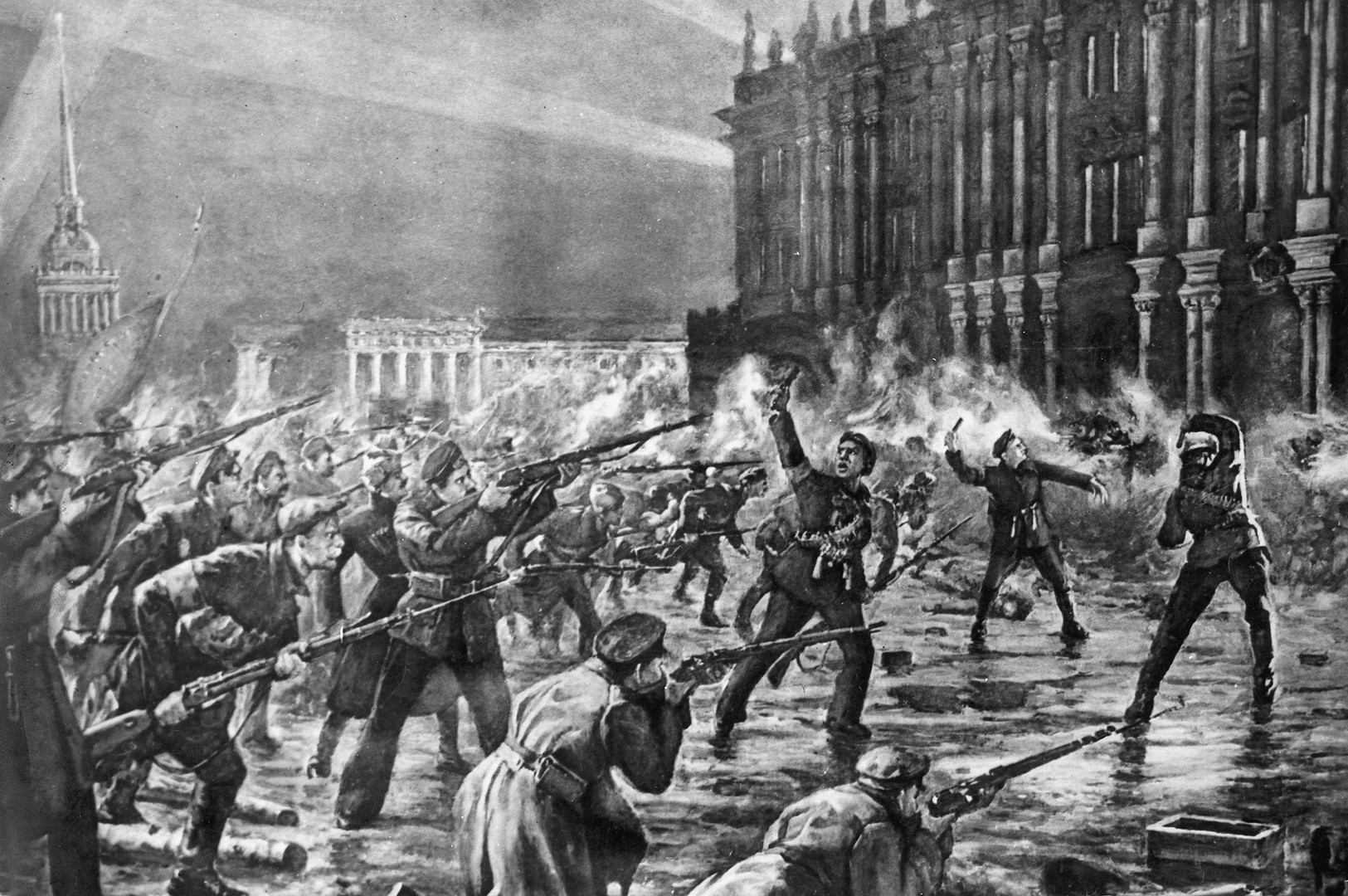 Pengawal Merah, yang terdiri atas tentara dan pelaut, menyerang bekas istana tsar (Istana Musim Dingin) pada November 1917.