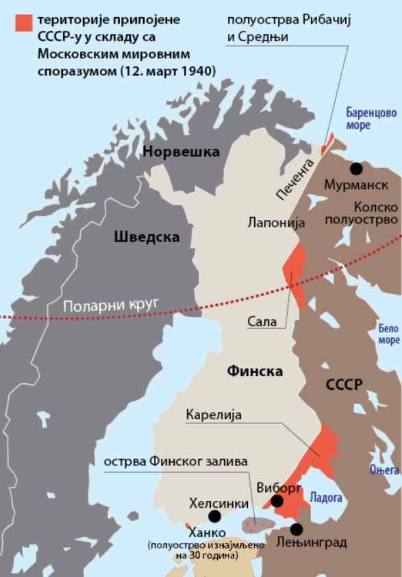 Odstop ozemlja Finske Sovjetski zvezi po Moskovski mirovni pogodbi (marec 1940), s katero se je končala sovjetsko-finska vojna. Po drugi svetovno vojni je morala Finska oddati ZSSR še izhod v Arktiko. Odstopljena ozemlja so označena z rdečo.