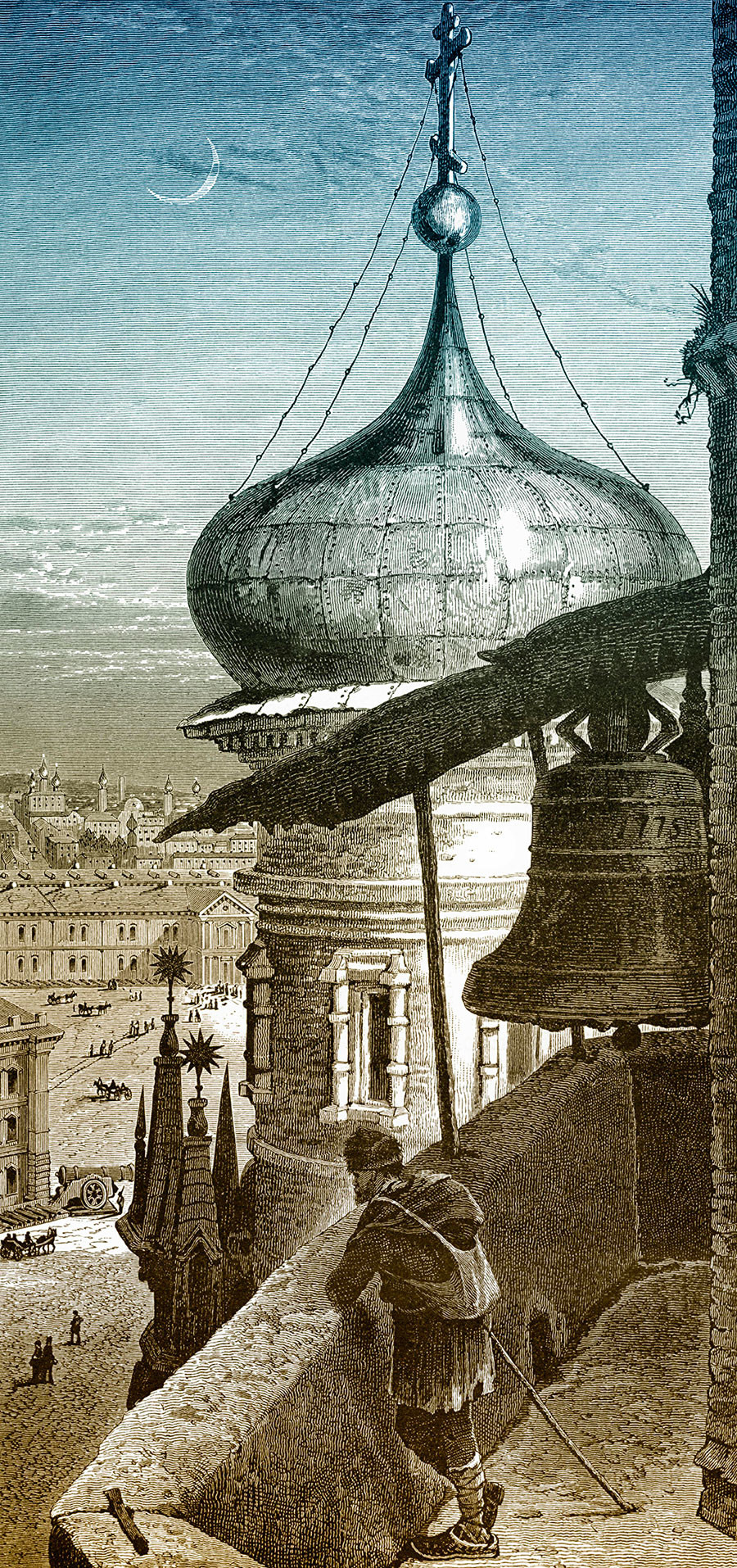 Desenho histórico representando a vista da torre do sino de Ivan, o Grande, no século 19. 