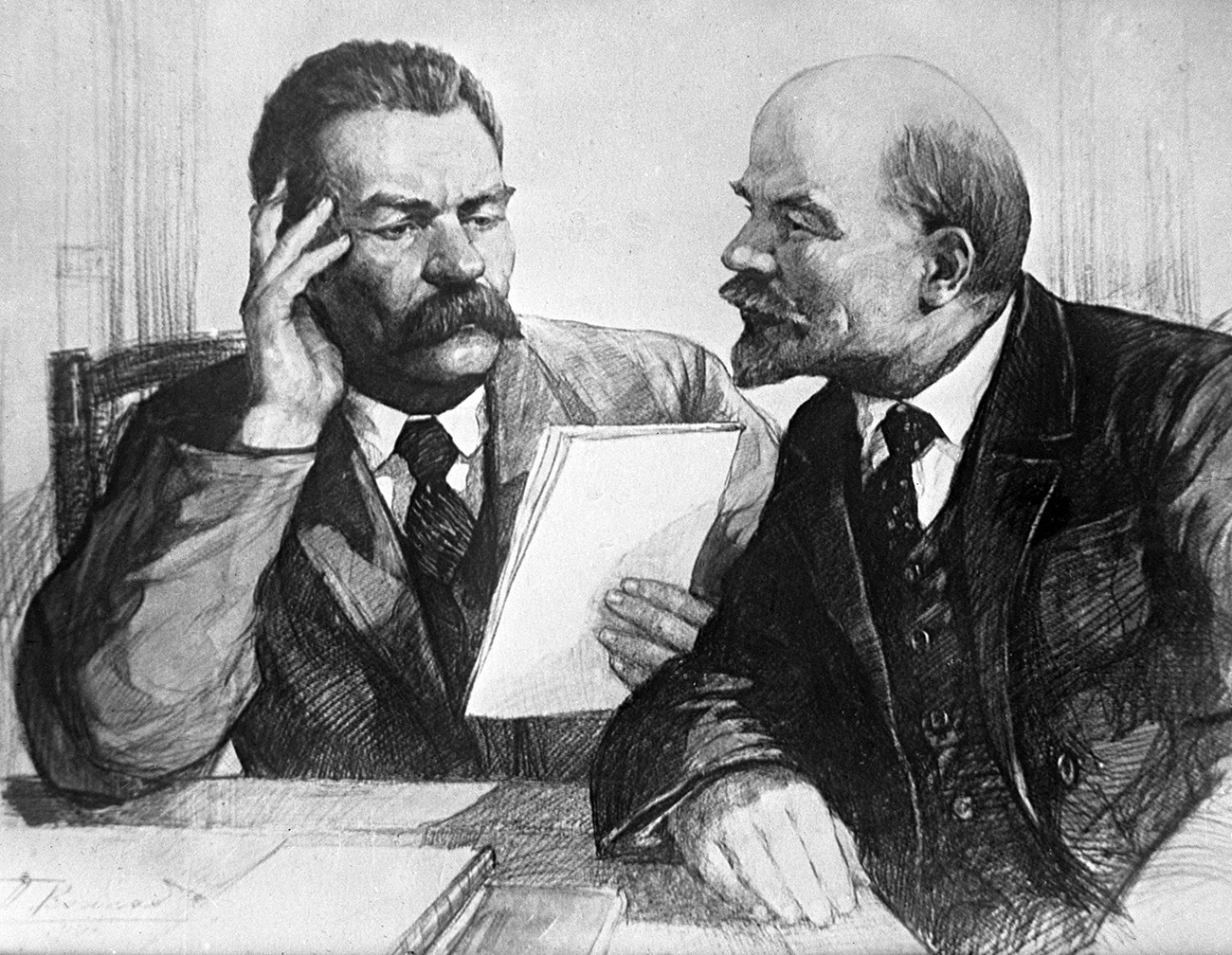 Максим Горки (лево) и Владимир Лењин. Репродукција. 