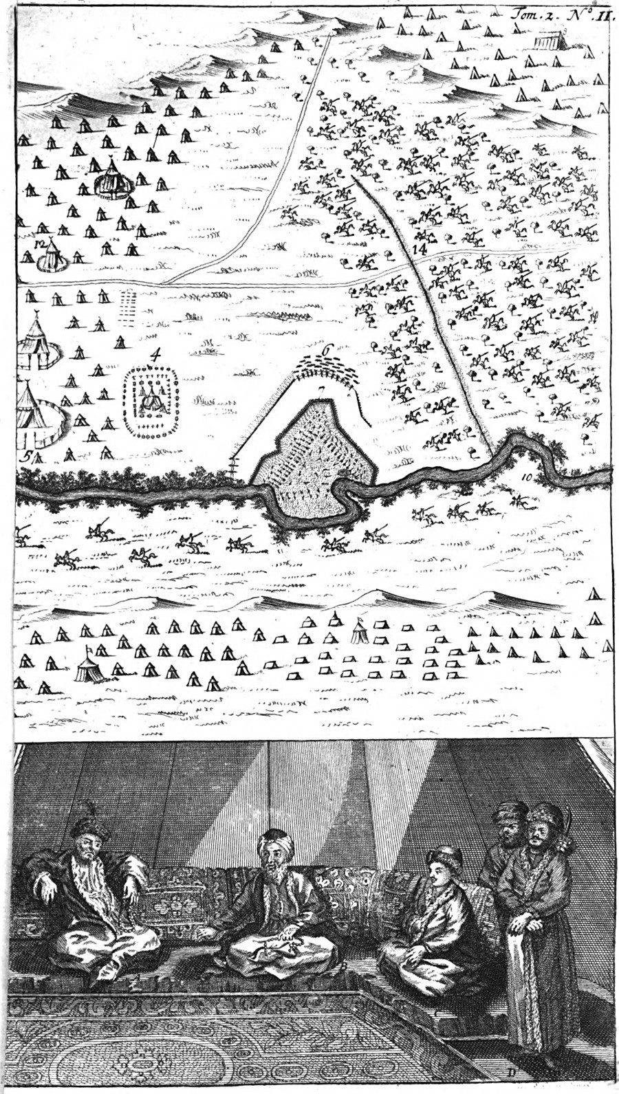 Битка код реке Прут. Илустрација Вилијема Хогарта, 1724.