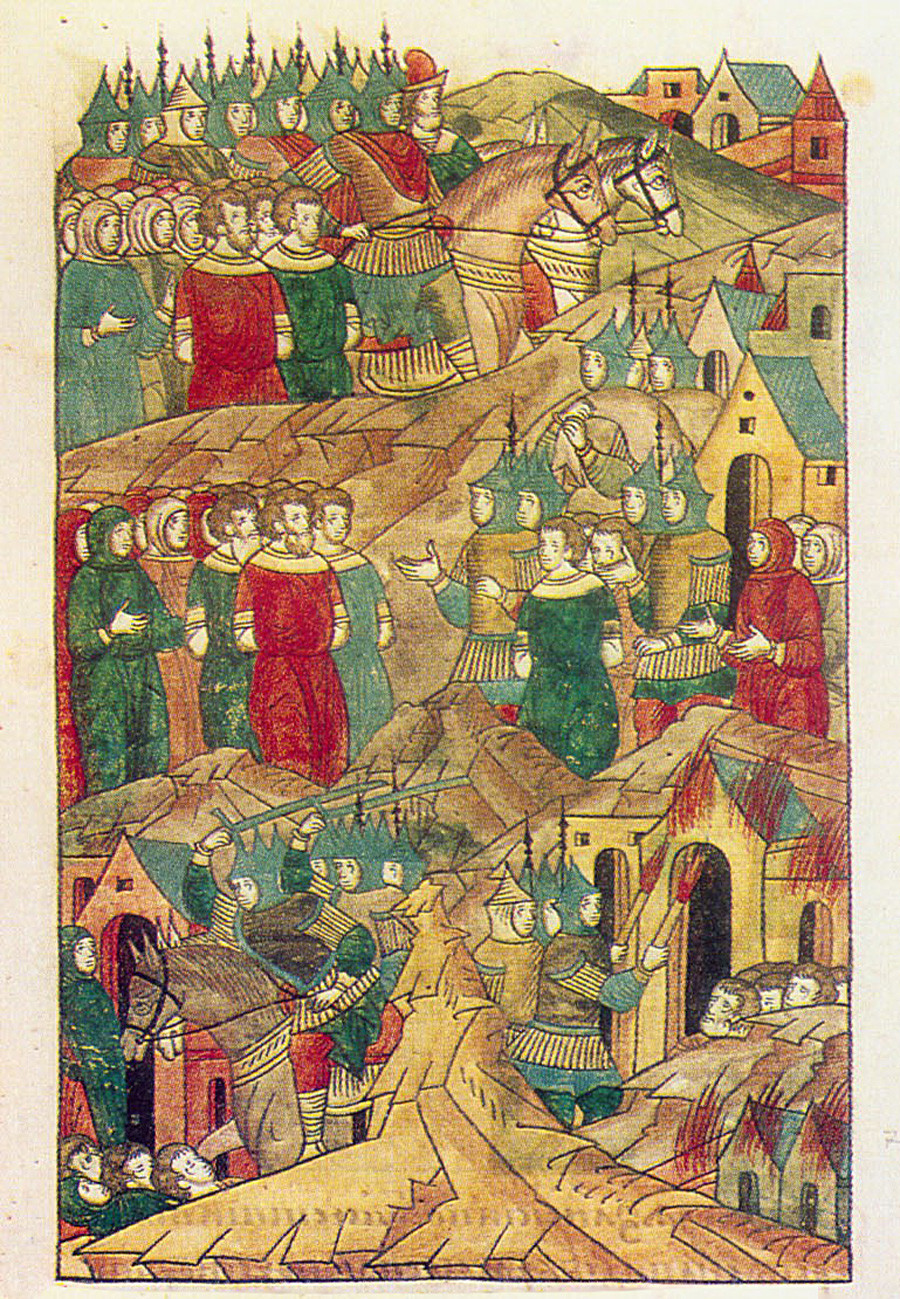Destrucción de Riazán por los mongoles. Imagen del siglo XVI.
