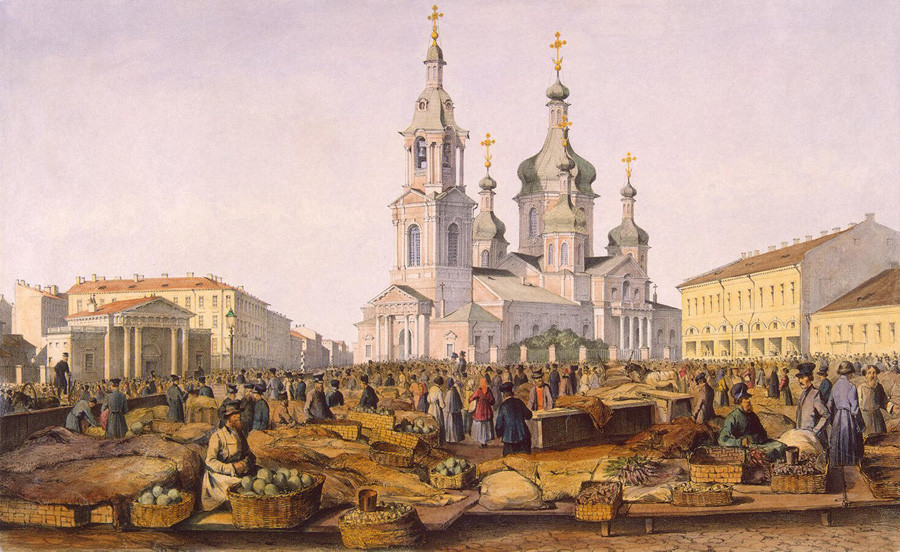 Lukisan Gereja Penyelamat di Lapangan Sennaya di Sankt Peterburg.