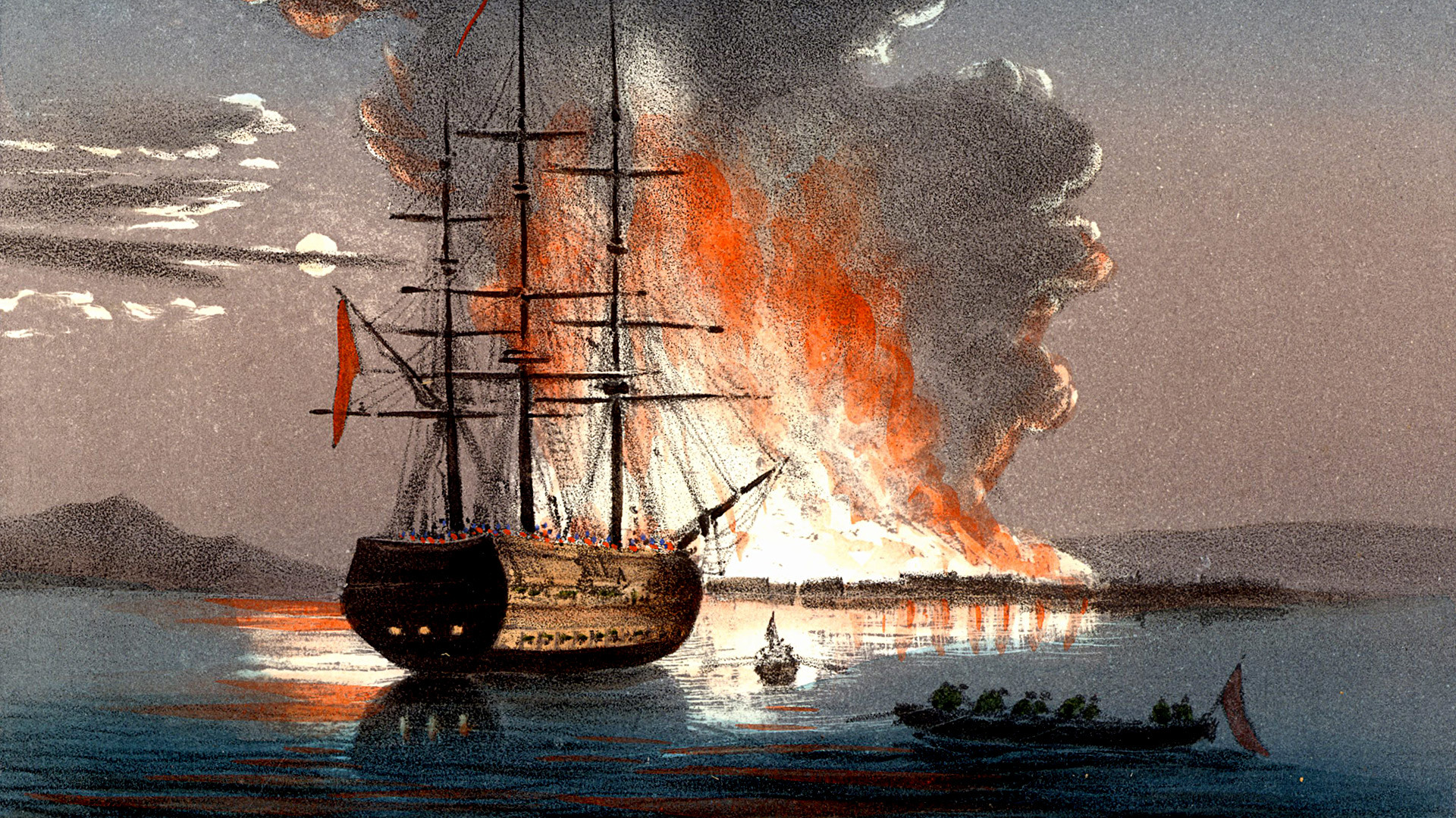 Pembakaran kapal di Kale (Canakkale) di Dardanelles (Hellespont) selama Perang Krimea. Litograf berwarna diterbitkan di Italia pada 1857.