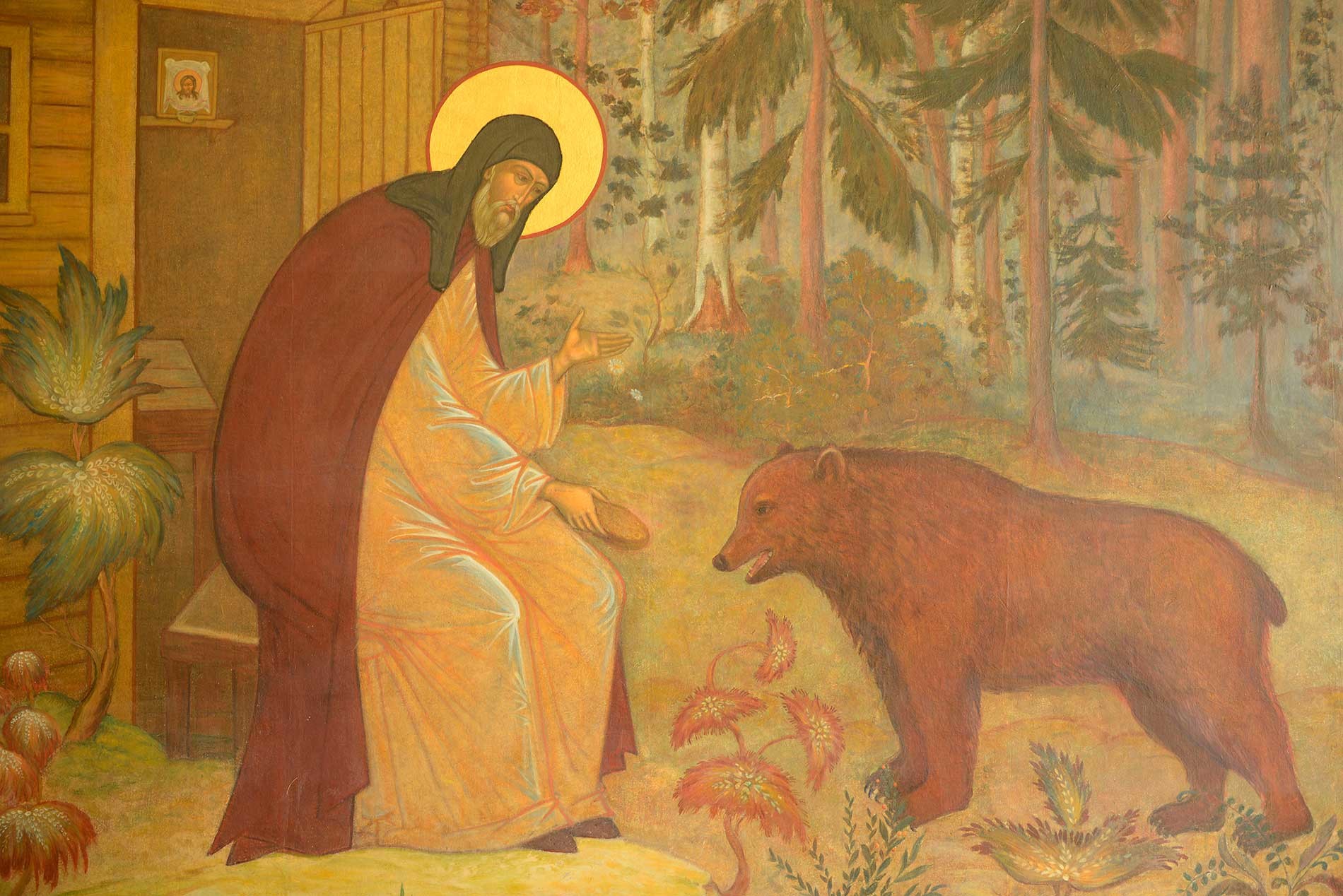  Fresco with Saint Sergius and the bear, Trinity Sergius Lavra