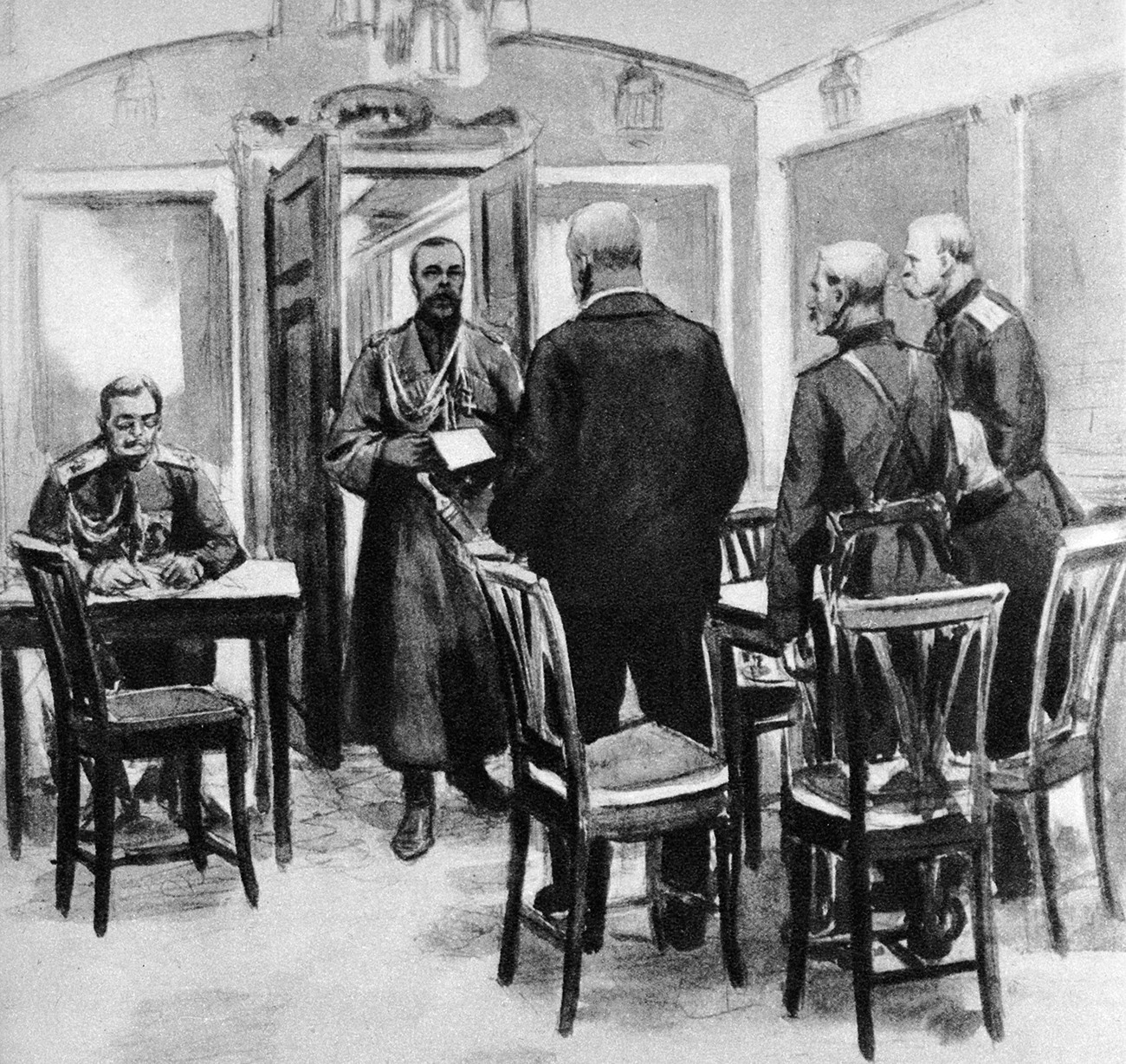 Царот Николај Втори (1968-1918) го чита актот на абдикација на гласниците на Керенски во својот личен вагон во Царское Село. Илустрација на настанот од 15 март 1917 година. 