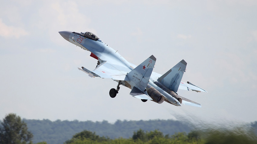 SU-35S takes off at MAKS-2017 aerospace salon in Moscow susburbs.