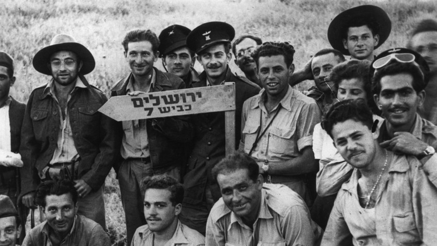 June 1948: Israeli soldiers travel on route 7 to Jerusalem during the War of Independence