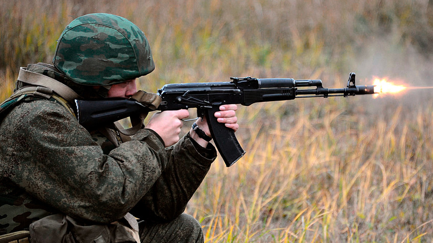 A Russian soldier during military drills with an AK-74