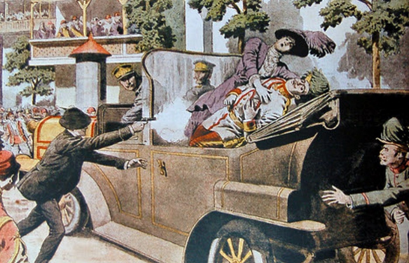 Атентат на аустријског престолонаследника Франца Фердинанда (1863-1914) и његову супругу Софију (1868-1914) 28. јуна 1914. Илустрација из француског листа Le Petit Journal, 12. јул 1914.