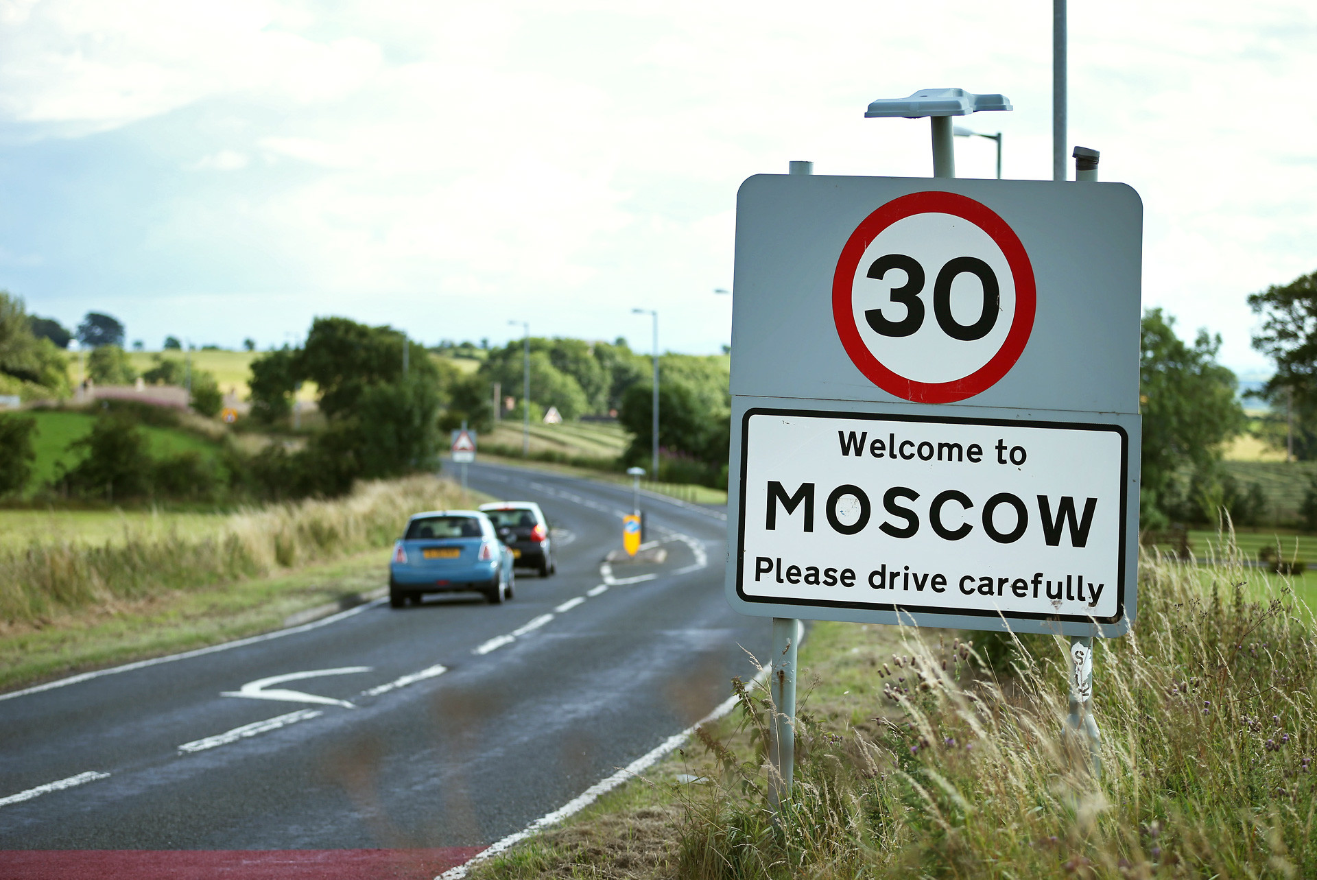 A road sign welcomes careful drivers on August 7, 2013 in Moscow, Scotland.