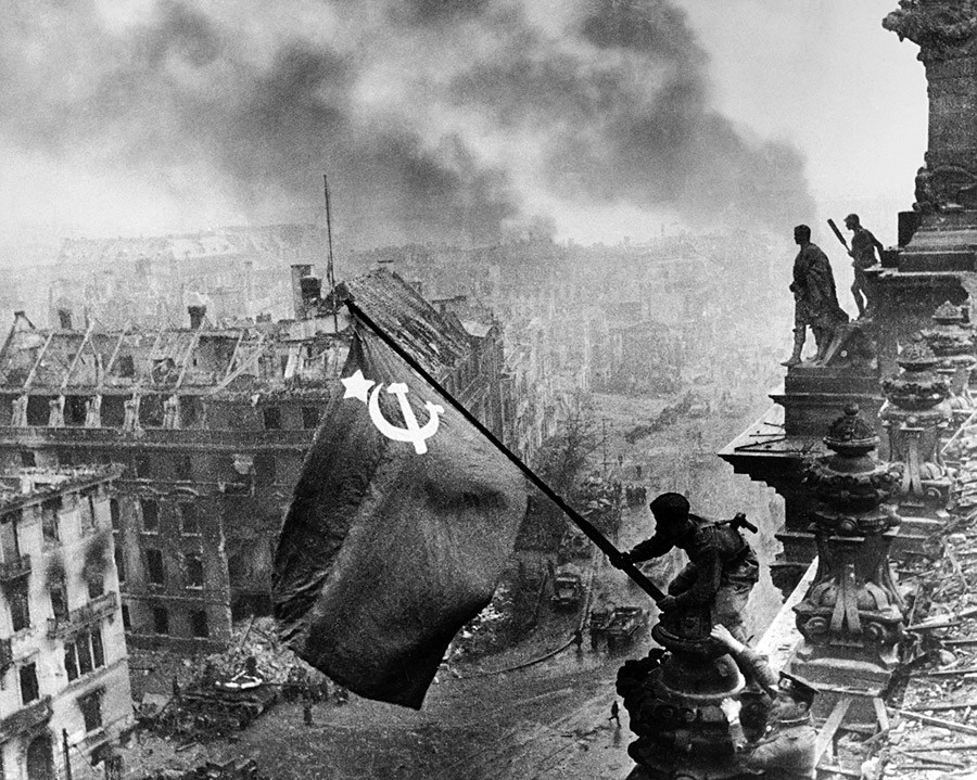 This one speaks for itself: the Victory Banner over Berlin's Reichstag, 1945. 